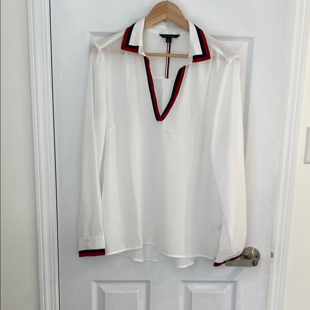 Tommy Hilfiger Sheer White Tunic Blouse with Red and Navy Trim